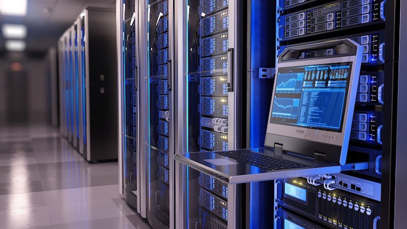 Rackmount LED console in server room data center – 3d illustration